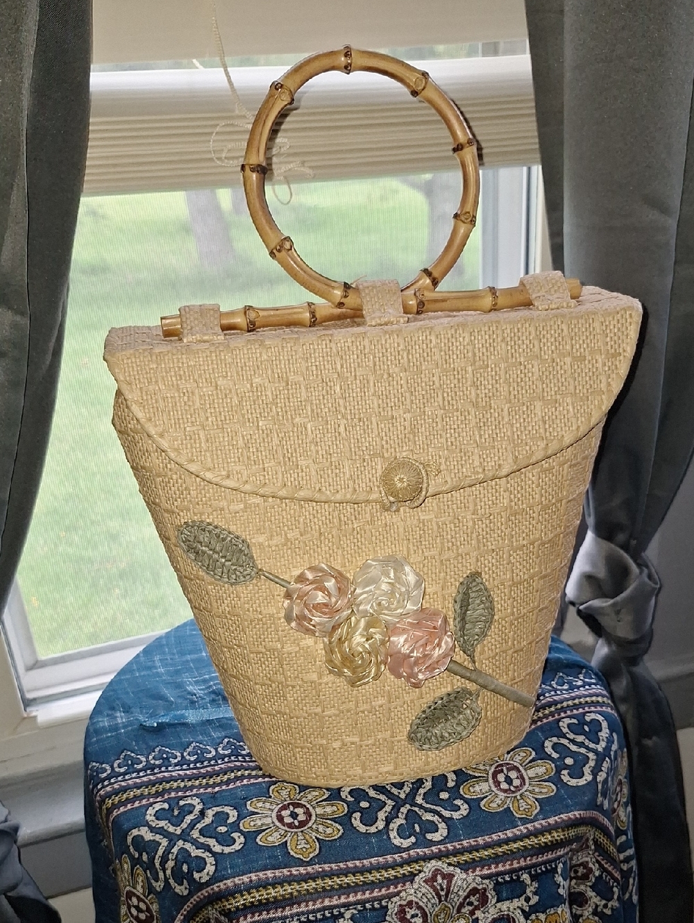 ONE OF A KIND Vintage Hemp Or Straw Bag Bamboo Handle With Organza Flowers